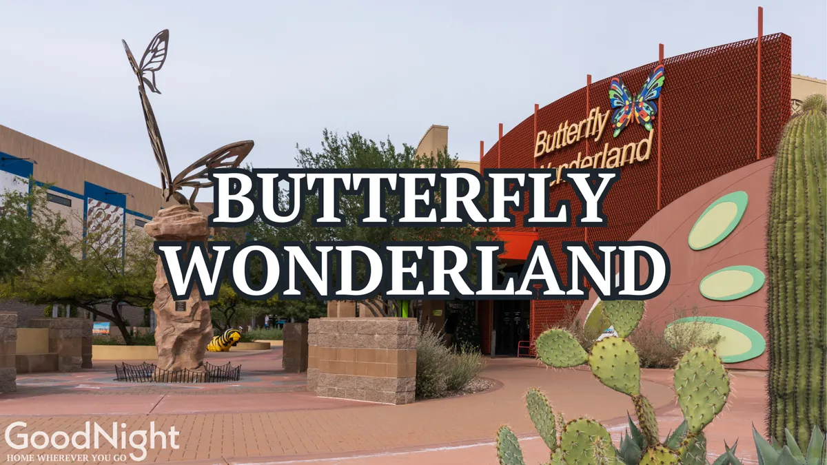 This image captures the exterior of Butterfly Wonderland, with its playful butterfly sculpture and cacti in the foreground, suggesting a fun and educational family destination just minutes away. Families and children can be seen engaging with interactive exhibits and enjoying the lush, themed landscaping.