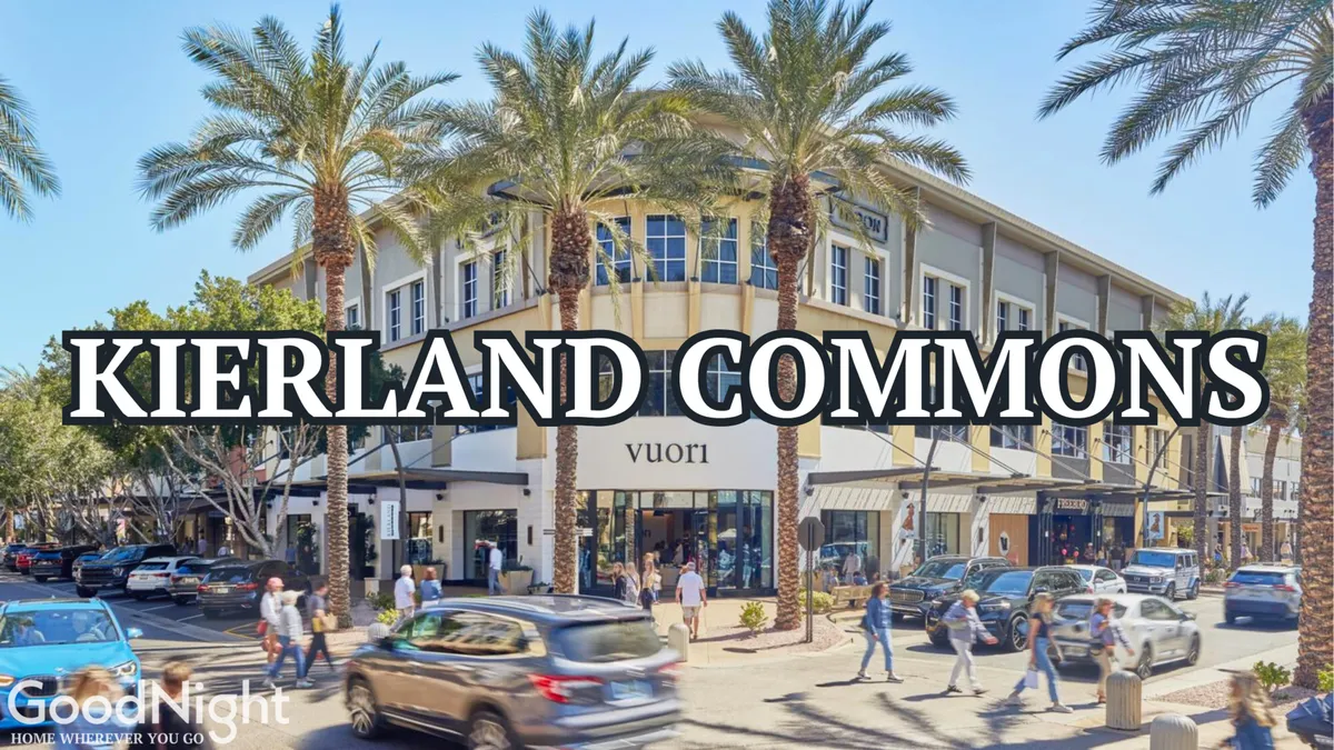 A vibrant scene of a Scottsdale shopping and dining district, with palm trees, modern storefronts, and people enjoying the lively ambiance. The area exudes an upscale and energetic vibe, perfectly capturing the essence of local high-end shopping and dining options just minutes from the property.