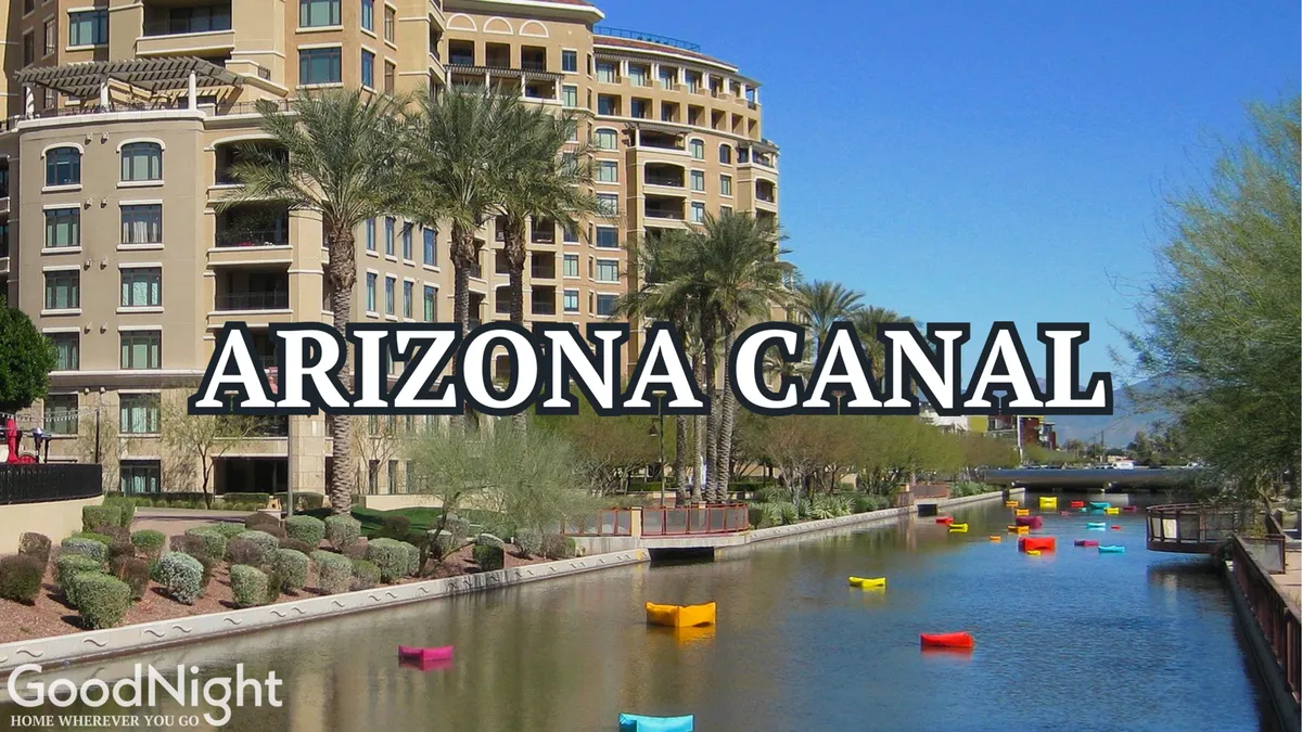 A vibrant view of the Arizona Canal, featuring colorful boats on the water, palm trees, and upscale buildings along the path. The scene captures the accessibility of walking, biking, and boating along the canal.