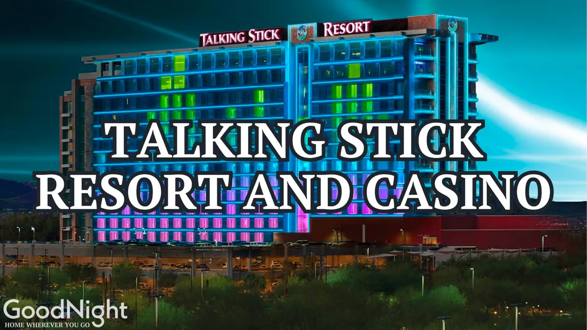 The illuminated exterior of Talking Stick Resort and Casino at night with its prominent signage. The facade glows against the evening sky, signaling excitement and nightlife. Cars and people add an energetic, social vibe to the scene.